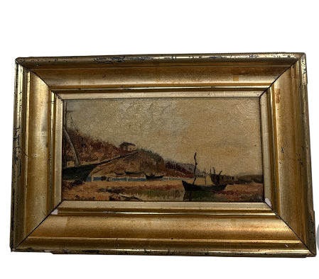 Original Oil on Panel of House on a Hill with Gilt Wood Frame
