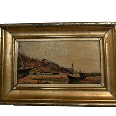 Original Oil on Panel of House on a Hill with Gilt Wood Frame