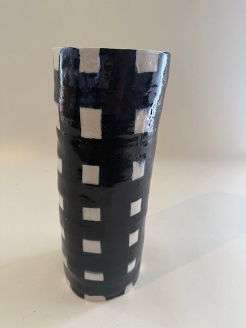 Tall Stoneware Black and White Checkerd Side Table