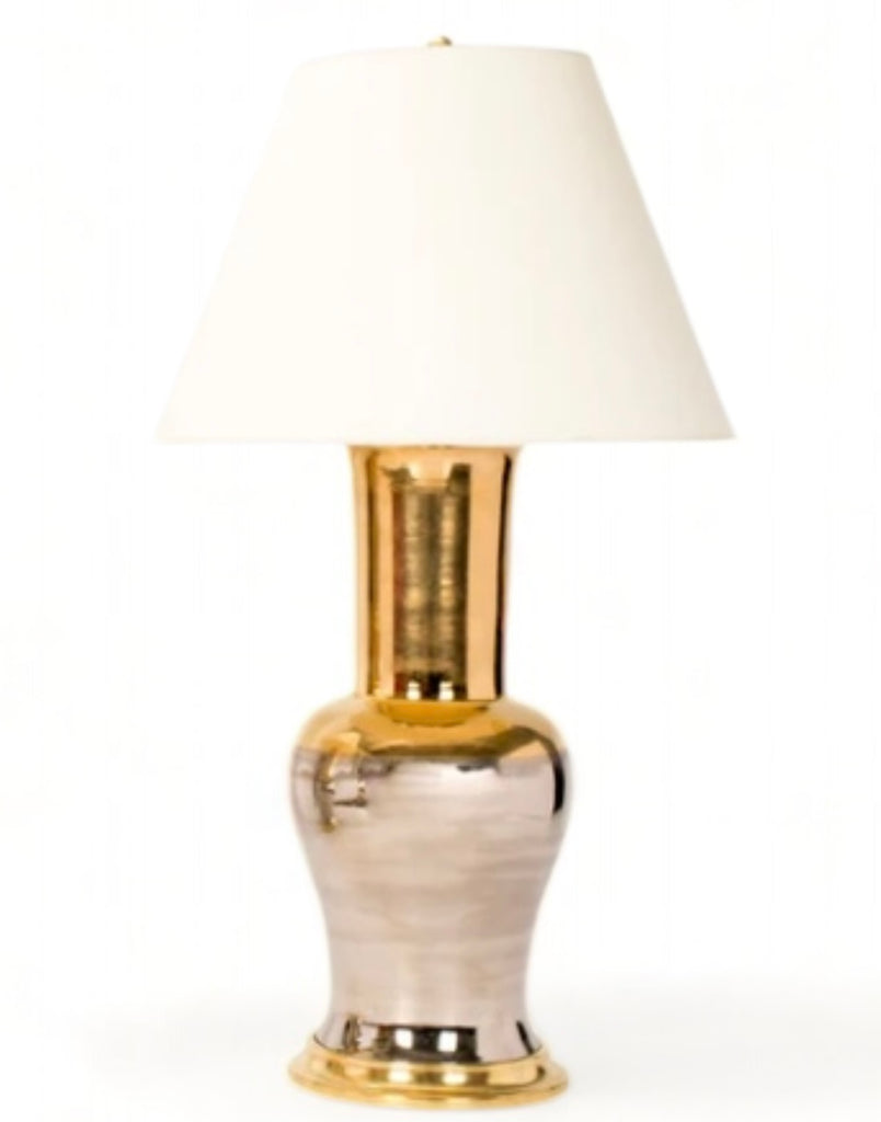 Garniture Lamp, Mixed Luster, 23k Gold Water Gilt Base, Brass Double Socket Cluster, Vellum Paper Shade