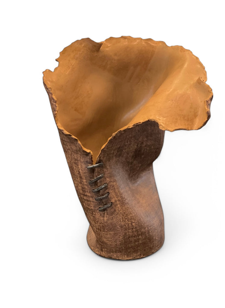Handmade Sculptural Vase with Metal Stitching and Raw Edge Finish, made by Local Houston Artist