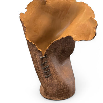 Handmade Sculptural Vase with Metal Stitching and Raw Edge Finish, made by Local Houston Artist
