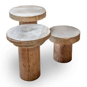 Small Stone Side Table with Wooden Cylindrical Base