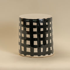 Short Stoneware Black and White Line Side Table