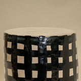 Short Stoneware Black and White Line Side Table