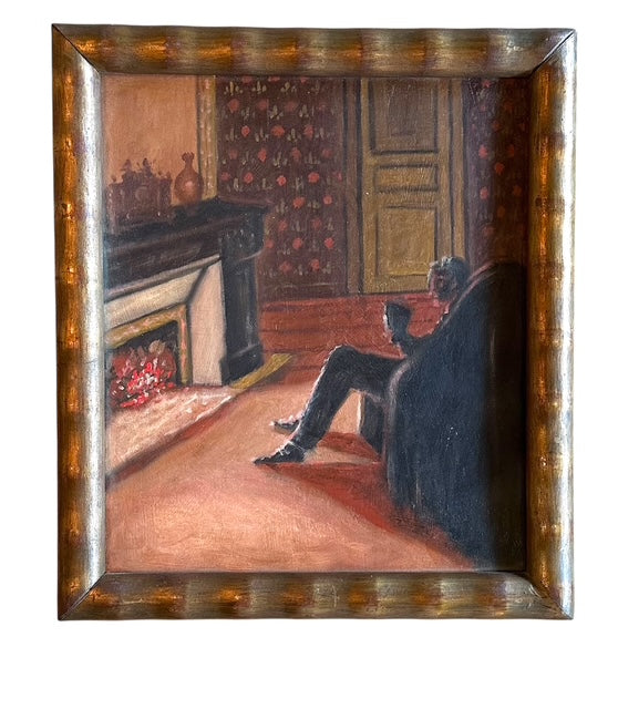 Framed Painting on Board of a Gentleman by the Fire c. 1932