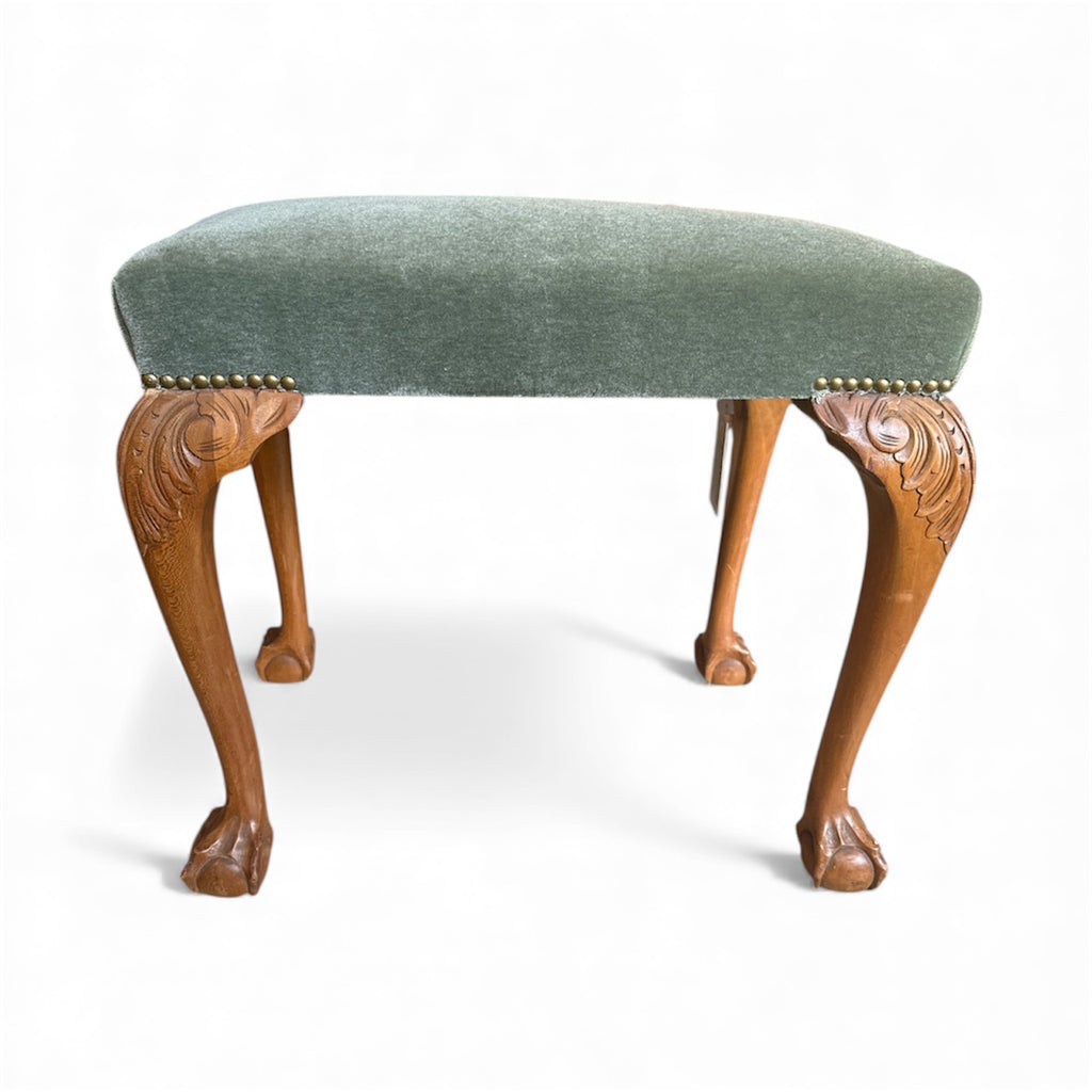 Tall Cabriole Leg Stool, Newly Upholstered in Seafoam Velvet, England