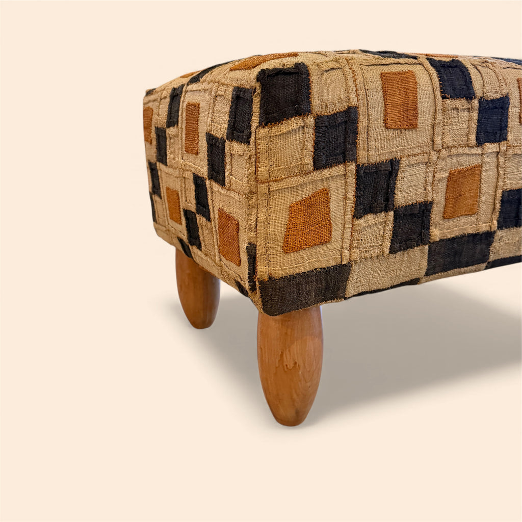 4'ft Bench Upholstered in Vintage African Kuba Cloth with Hand Turned Oak Legs