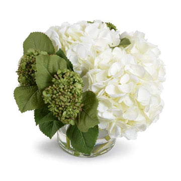 Hydrangea Bud Arrangement in Clear Glass Vase, Green & White.
