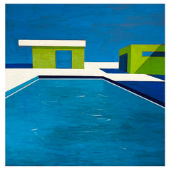 Acrylic on Canvas by Artist Melissa Chandon, Titled: Two Green Modern Buildings with Pool, 2024
