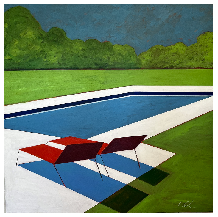 Acrylic on Canvas by Artist Melissa Chandon, Titled: Two Red Chaise with Pool, 2024