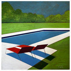 Acrylic on Canvas by Artist Melissa Chandon, Titled: Two Red Chaise with Pool, 2024