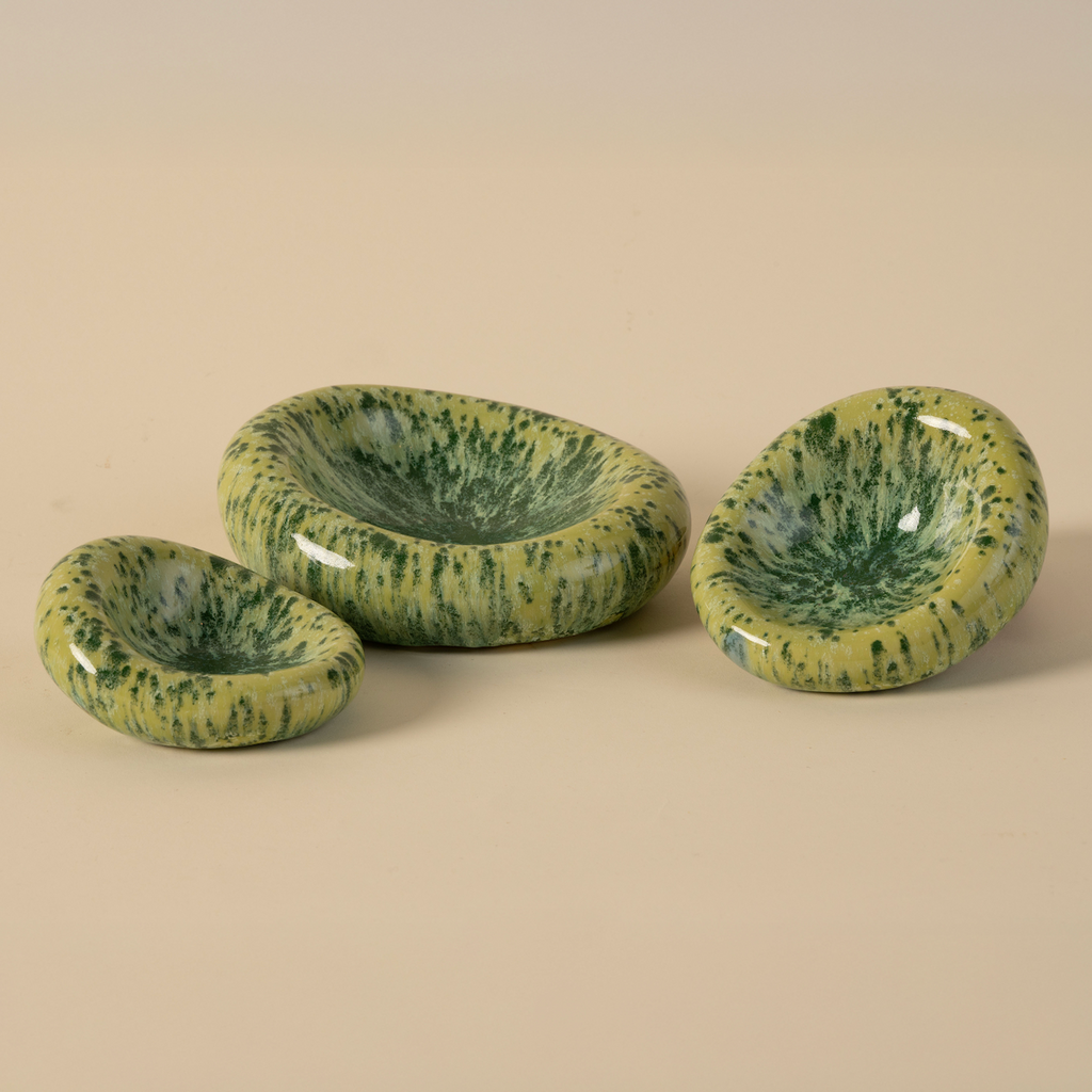 Set of 3 Handmade Organic Shaped Stacking Bowls in Speckled Chartreuse