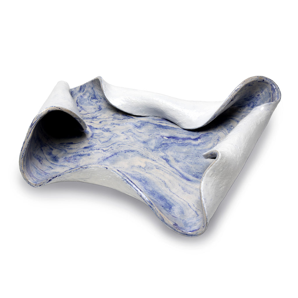 Large Marbleized Blue Wave Tray with Matte White Accents