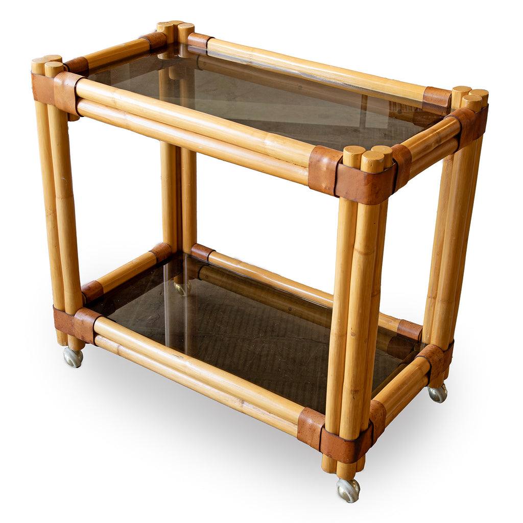 Chic MCM Rattan, Leather and Glass Bar Cart