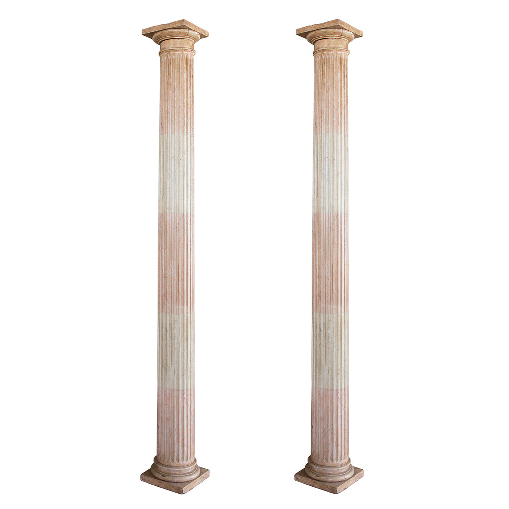 Pair of Fluted Wood Columns with Faux Painted Stripes in Light Blush and Creamy White