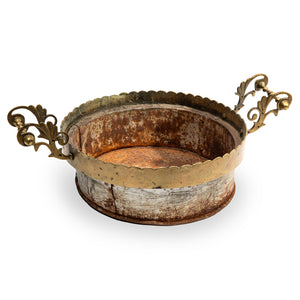 Vintage Round Metal Planter with Scalloped Detail