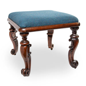 Charming Mahogany Ottoman with Blue Herringbone Cushion and Beautifully Carved Legs on Casters, Vintage
