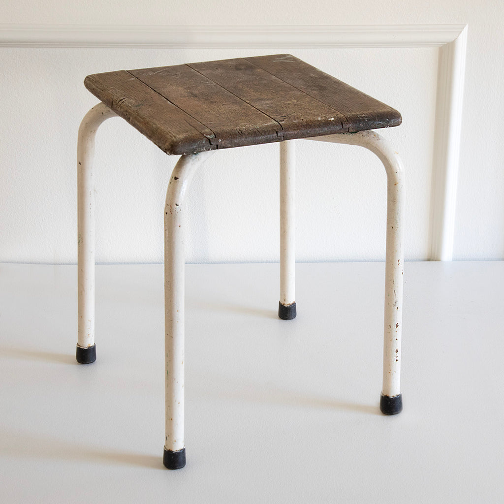 Vintage White Legged Stool/Side Table with Wood Top, French