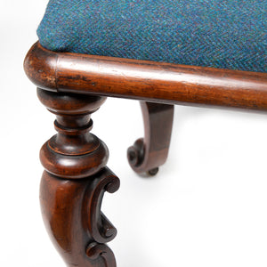 Charming Mahogany Ottoman with Blue Herringbone Cushion and Beautifully Carved Legs on Casters, Vintage