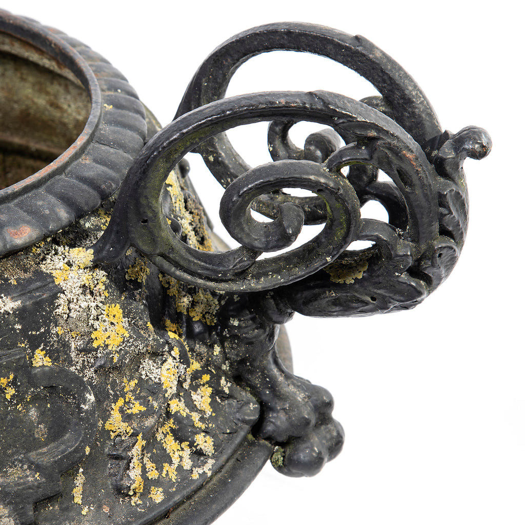 Wonderfully Patinated Antique Iron Urn with Scroll Handles