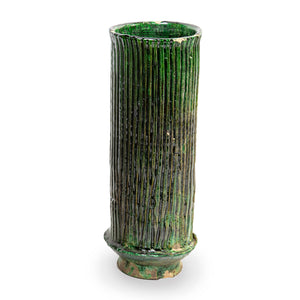 Tall Cylinder Shaped Green Ribbed Vase, Morocco