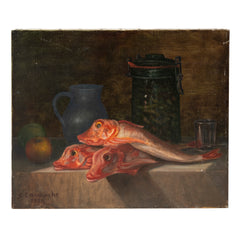 Vintage Oil on Canvas of Three Fish