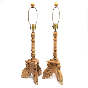 Newly Wired Pair of  Carved Wood Lamps