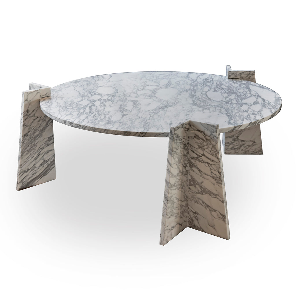 45" Round Arabascata Marble Coffee Table with 3 V-Shaped Bases.  Honed Finish.