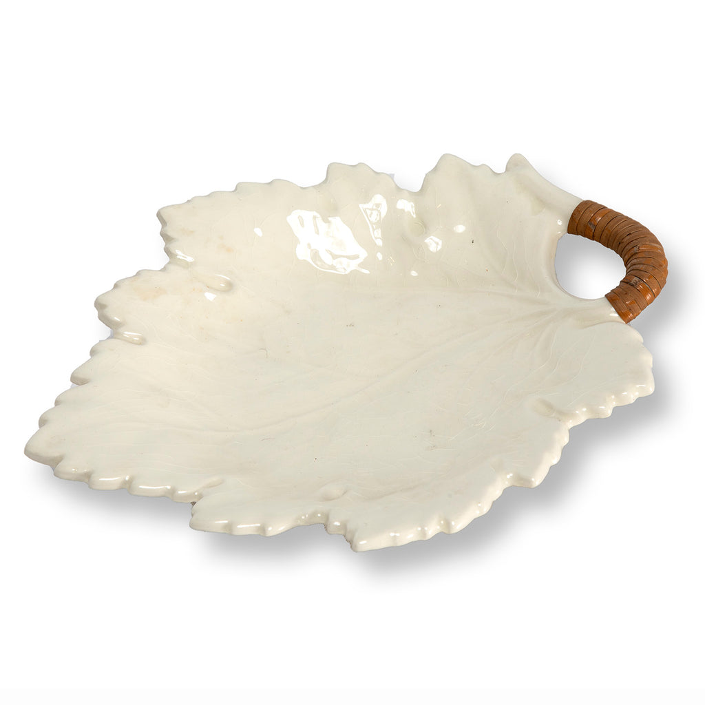 Cream Leaf Plates with Rattan Handle