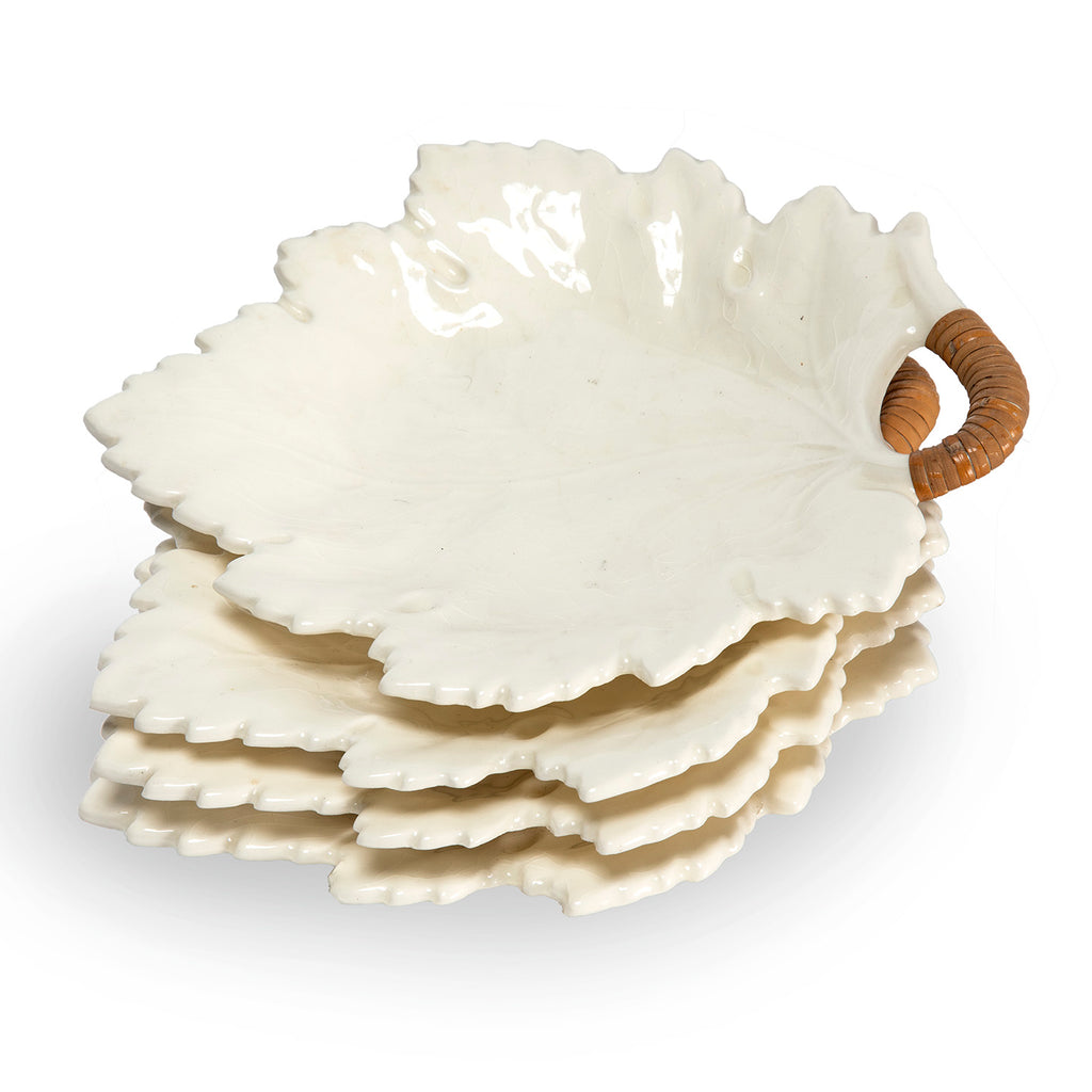 Cream Leaf Plates with Rattan Handle